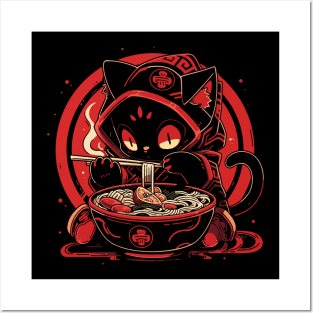 Stealthy Ninja Cat T-Shirt, Dark Ramen Eating Kitty Graphic Tee, Perfect Apparel for Cat Lovers and Ramen Fans Posters and Art